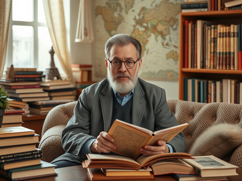 Пожилой мужчина с бородой сидит в библиотеке, читая книгу среди множества книг на столе и полках.